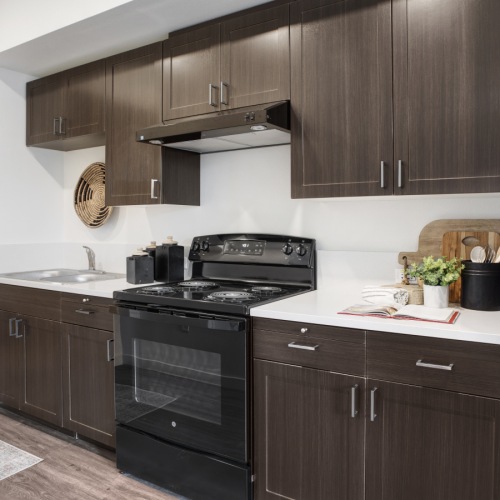 Dog-Friendly Apartments in San Jose, CA - Virginia Street Studios - Spacious Kitchen With Vinyl Plank Flooring, Rug, Dark Wood-Tone Cabinetry, Black Efficient Appliances, and White Countertops. Dog-Friendly Apartments in San Jose, CA - Virginia Street Studios - Spacious Kitchen With Vinyl Plank Flooring, Rug, Dark Wood-Tone Cabinetry, Black Efficient Appliances, and White Countertops.